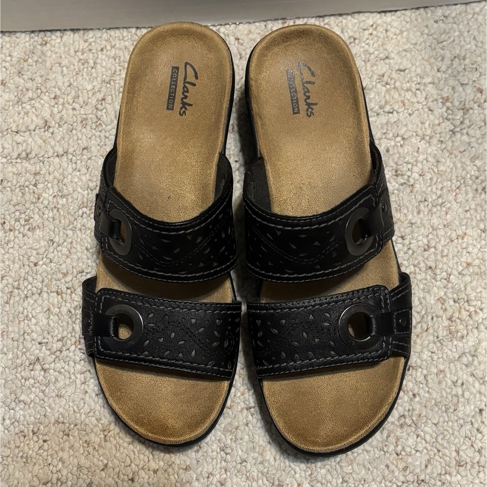 Clarks Sandals Women Size 7.5 Black Leather Lexi Laurel Slip On Wedge Shoes